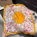 Orange square silk scarf with floral tulip pattern and gold chain link design - 70fj-450-yellow / 70*70
