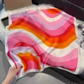Silk-like square scarf featuring vibrant colorful wave patterns and retro paisley design - 70fj-451-pink / 70*70