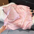 Pink silk-like square scarf with white paisley pattern and elegant wavy borders - Pink