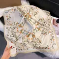 Elegant off-white square silk scarf with orange floral print and gold satin trim - 70fj-471-white / 70*70