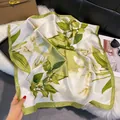 Floral print satin square scarf in vibrant green and white silk-like fabric finish - 70fj-472-green / 70*70