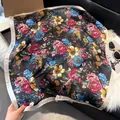 70cm elegant floral silk square scarf with roses and gold satin border in black - 70fj-500-black / 70*70