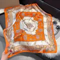 Elegant 70cm orange faux silk square scarf with vintage equestrian chain and belt prints - 70fj-455-orange / 70*70