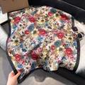 French style 70cm square silk scarf with vintage floral patterns and black satin borders - 70fj-501 Off-white / 70*70
