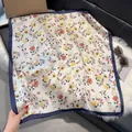 Beige floral faux silk square scarf with navy blue border and butterfly print - 70fj-457-blue / 70*70
