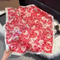 Elegant red floral silk square scarf with satin finish and vintage paisley border - 70fj-461-red / 70*70