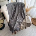 Dark grey cashmere scarf with gold heart patterns and khaki reverse side tassels - Gray