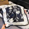 Elegant black and white floral satin square scarf with a minimalist silk-like finish - 70fj-488-black / 70*70