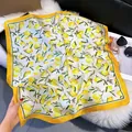 Elegant square silk scarf featuring bright lemon prints and contrast yellow borders - 70fj-489-yellow / 70*70