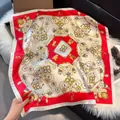 Elegant 70cm silk-like scarf featuring red borders and vintage gold chain jewelry prints - 70fj-466-red / 70*70