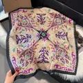 Purple and gold paisley print square silk scarf with elegant black border detail - 70fj-469-black / 70*70