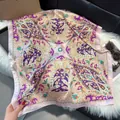 Pink paisley satin silk scarf featuring vibrant purple and orange patterns on plush decor - 70fj-470-pink / 70*70