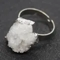 Irregular white druzy crystal stone ring with adjustable silver-tone band for women - Adjustable Open / White Raw Stone (Silver Band)