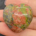 Polished heart-shaped natural unakite stone bead with green and pink jasper texture - 30x30mm, 14mm Thickness / Unakite