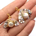 Irregular resin pendant with freshwater pearl and crushed shells in golden wire wrap - White Round Pearl Style (4)