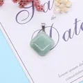 Square green natural stone pendant with silver metal bail on decorative floral background - 24x28mm / Green Aventurine