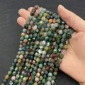 Faceted natural moss agate stone beads in varied green and earthy tones for DIY jewelry - India Agate / 6mm