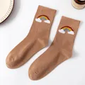 Brown combed cotton crew socks featuring cute rainbow embroidery and elastic ribbed cuffs - Rainbow / Coffee