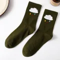 Dark green combed cotton crew socks with colorful cloud and rain embroidery - Rain Cloud Pattern / Army Green
