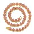 Pink heart crystal link necklace in gold finish with sparkling pavé rhinestones - Gold Pink