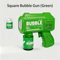 Modern green square electric bubble gun set with liquid bottle and bubble fun text - Square Green 6-Hole (Battery Not Included/With Solution)