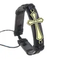 Detail of vintage braided black leather bracelet with bronze cross pendant and adjustable cord - Black Leather Bronze Cross Style