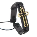 Detail of woven leather bracelet featuring a golden hollow cross pendant and cord - Black Hollow Gold Cross Style