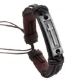 Detail view of men's leather bracelet with woven rope and metal cross charm - Brown Gunmetal Rectangular Cross Style