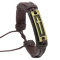 Detail of vintage braided leather bracelet with bronze cross pendant on white background - Brown Rectangular Bronze Cross Style