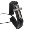 Detail of black leather bracelet with braided rope and metal cross engraved with prayer - Black Spanish Prayer Cross Style
