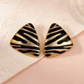 Vintage driehoekige oorbellen met zwart-gouden zebrastrepen en emaille afwerking luxe - 925 Sterling Zilveren Oorknopje Geometrische Driehoek Stijl / Zwart