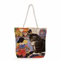 Detailansicht der dicken Baumwollkordel-Griffe und Vintage-Muster auf der Stofftasche - Puppen-Illustration Katze (ms2861)