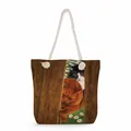Detail of canvas tote bag with thick rope handles and cat pattern on wood grain background - Wood Grain Peeping Twin Cats (ms2866)