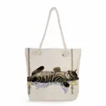 Canvas tote bag with cat illustration and thick white rope handles on white background - Rope Swing Tabby Cat (ms2875)
