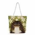 Detail of floral cat print tote bag featuring a white thick cotton rope handle - Flowers Longhair Brown Cat (ms2879)