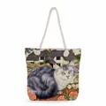 Detailed texture of cotton rope handle on floral cat canvas tote bag with garden scene - Country Garden Grey White Cat (ms2884)