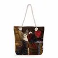 Detailed close-up of a canvas tote bag with thick cotton rope handles and vintage cat print - Art Illustration Striped Cat (ms2885)