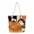 Close-up of canvas tote with cotton rope handle and colorful cat turkey print - Thanksgiving Turkey Cat (ms2887)