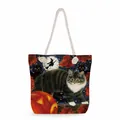 Halloween tote bag with cat and pumpkin print featuring white cotton rope handles - Halloween Pumpkin Cat (ms2888)