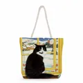 Canvas tote bag with cat and snow scene print featuring thick white rope handles - Window Snow Scene Black White Cat (ms2889)