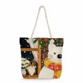 Canvas tote bag featuring winter cat illustration with white thick cotton rope handles - Scarf Winter Twin Cats (ms2890)