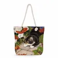 Canvas tote bag with thick rope handles featuring a cat and floral artistic print - Autumn Leaves Cow Cat (ms2891)