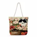 Floral cat printed tote bag with white cotton rope handles and thick canvas texture - Tulip Twin Cats (ms2893)