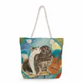 Artistic cat and owl illustration canvas tote bag with thick nautical rope handles - Guitar Moon Night Orange White Cat (ms2894)
