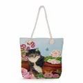 Floral cat print canvas beach bag featuring sturdy white cotton rope handles - Potted Plant Tabby Cat (ms2896)