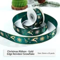 Dark green Christmas satin ribbon with gold reindeer and snowflake patterns 25mm - Reindeer Snowflake Gold Edge Style / Dark Green