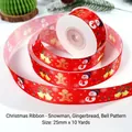 25mm Christmas red satin ribbon with snowman and gingerbread man prints for gift wrapping - Snowman Gingerbread Man Style / Red
