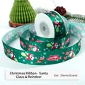25mm dark green Christmas ribbon with Santa and reindeer patterns for gift wrapping - Santa Claus Reindeer Style / Dark Green