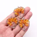 Three orange natural stone heart pendants with silver wire wrapped tree of life design - Citrine