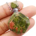 Geometric octagonal ruby zoisite crystal perfume bottle pendant with a silver chain - 25x38mm / Unakite